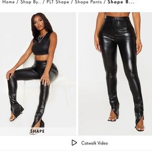 PRETTYLITTLETHING Shape Black PU Split Hem Pants